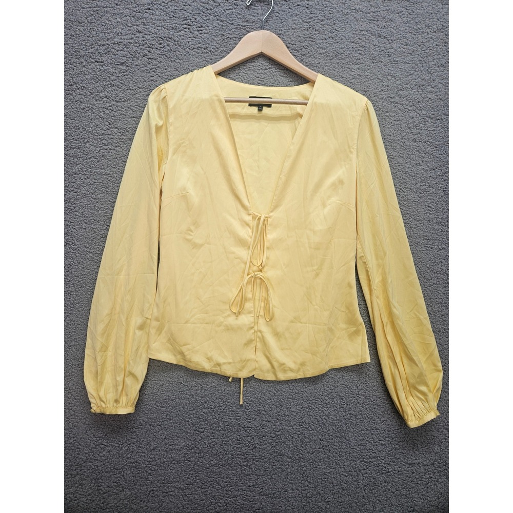 Majorelle Blouse Small Yellow Satin Front Tie V-Neck Puff Sleeve Romantic Chic
